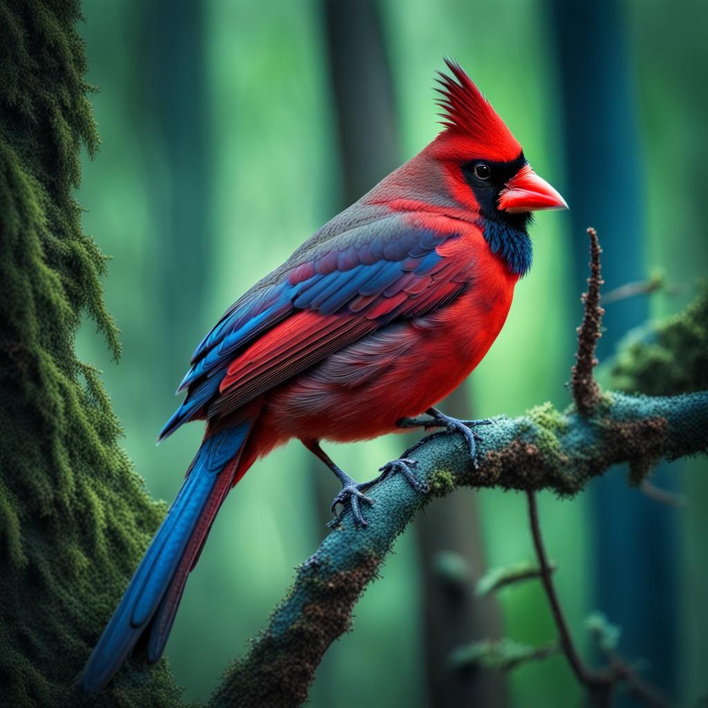 Hyperrealistic Cardinal in Blue Green Forest