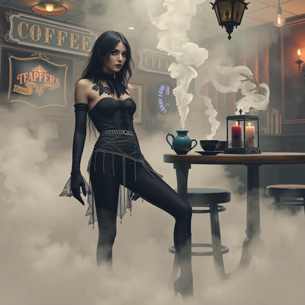 Goth Model in Moody Coffee Shop with Ethereal Fog