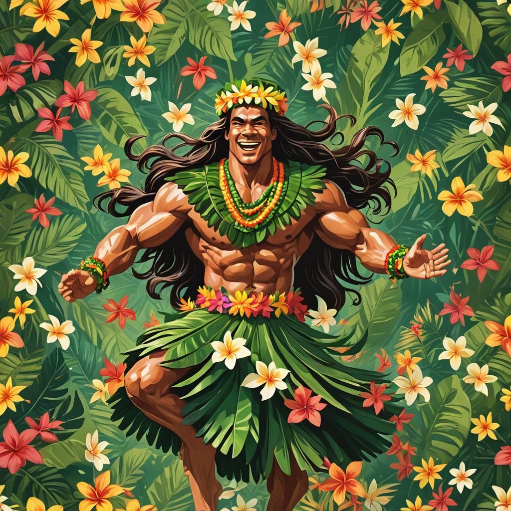 Vibrant Hawaiian Hula Dancer in Tropical Scene