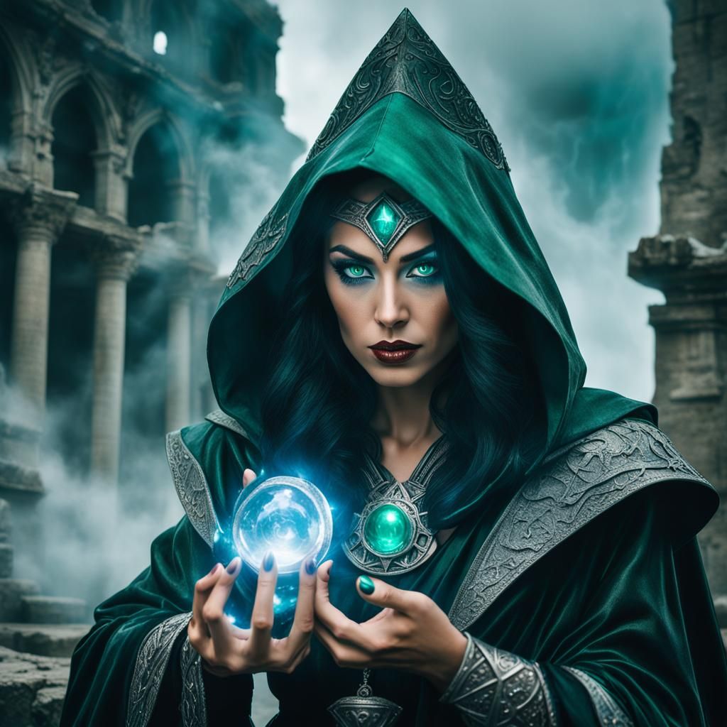 detailed beatiful obsidian cascading female sorcerer with silver glowing eyes in the style of crystals, looking at camer...