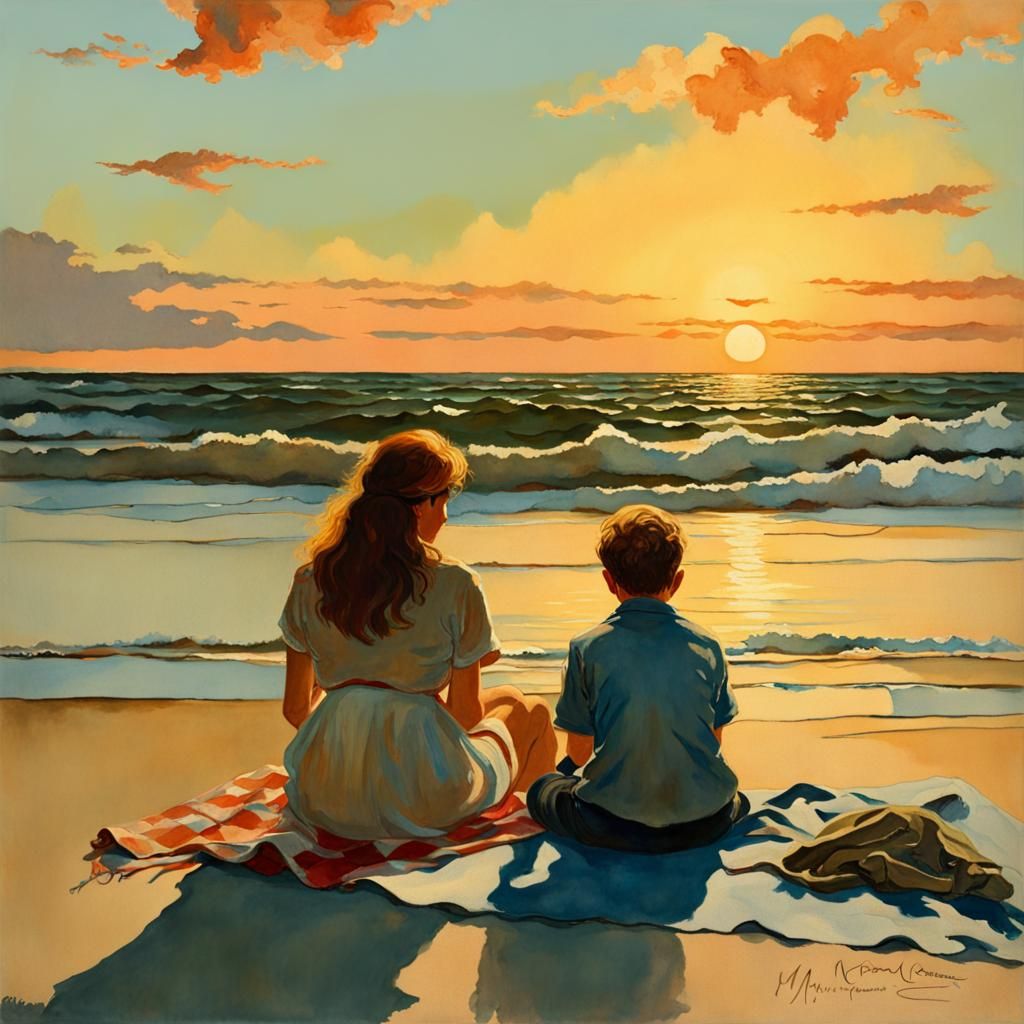 Boy and Mother Watching Sunset in Gouache Style