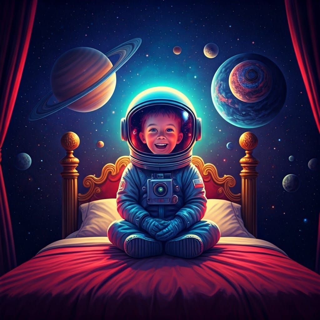 Dreamy Kid Astronaut in Starry Bedroom, Digital Matte Painti...