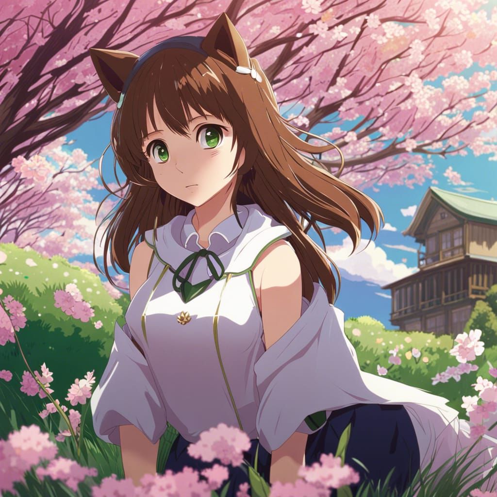 anime, cat girl, brown hair, beautifull, green eyes, in spring