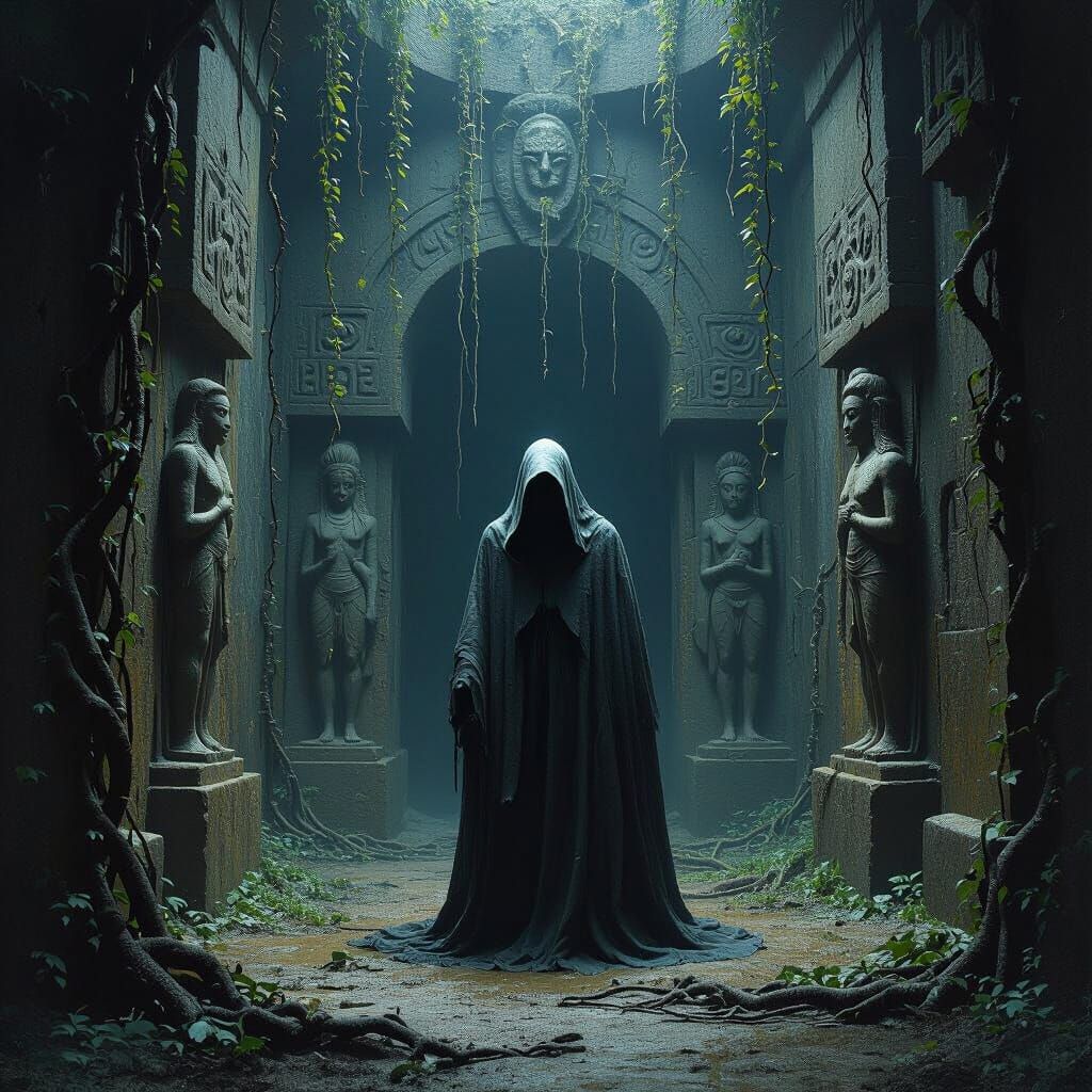 Dark Shrine Figure in Haunting Surrealist Style