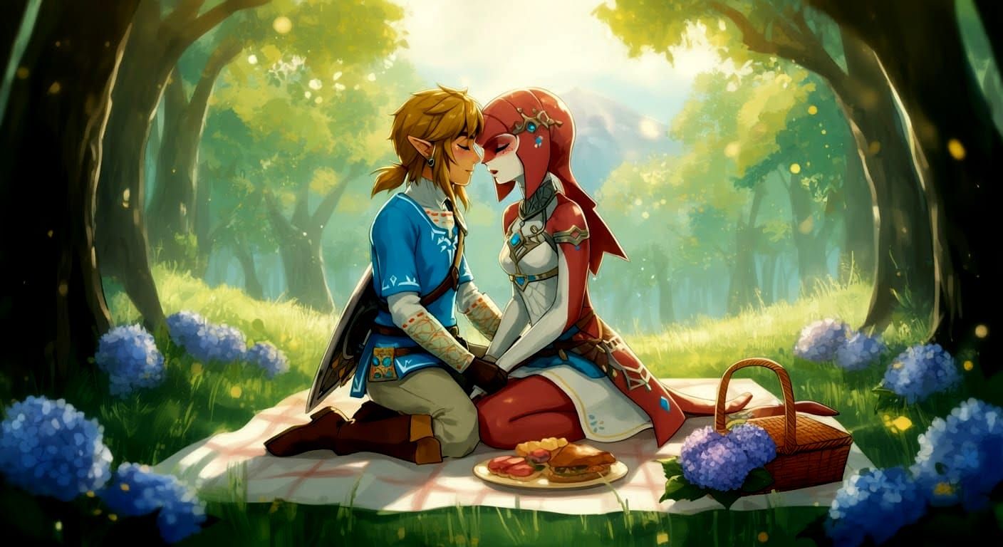 Romantic Picnic: Link and Mipha in Anime Style