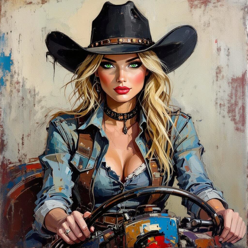 Cowgirl Rides Steampunk Engine as Abstract Oil Painting