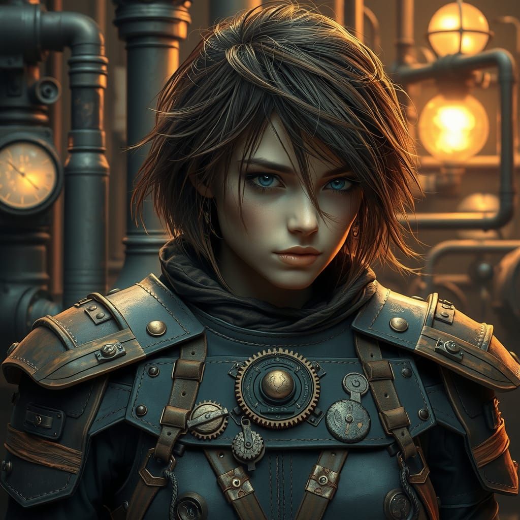 Rebel Woman in Steampunk Armor, Sepia-Toned