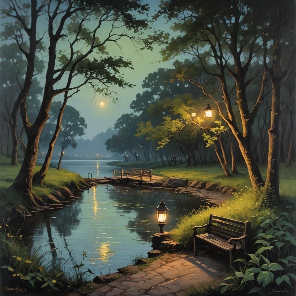 Night Riverbank Scene in Oil Painting Style