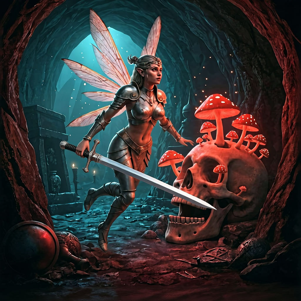 Fairy Barbarian in Glowing Armor Flies from Skull