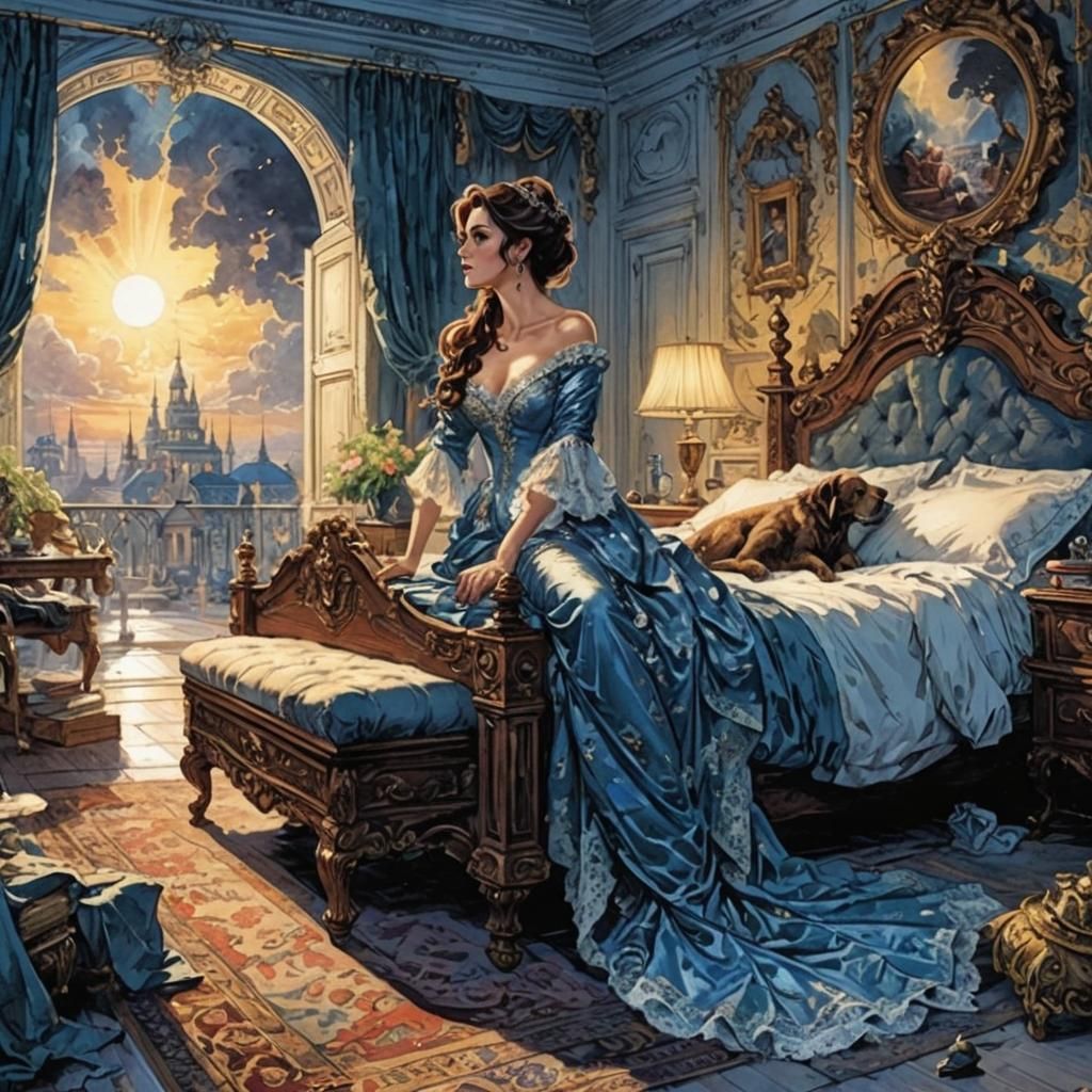 Woman in Exquisite Bedroom: Comic Book Oil Painting