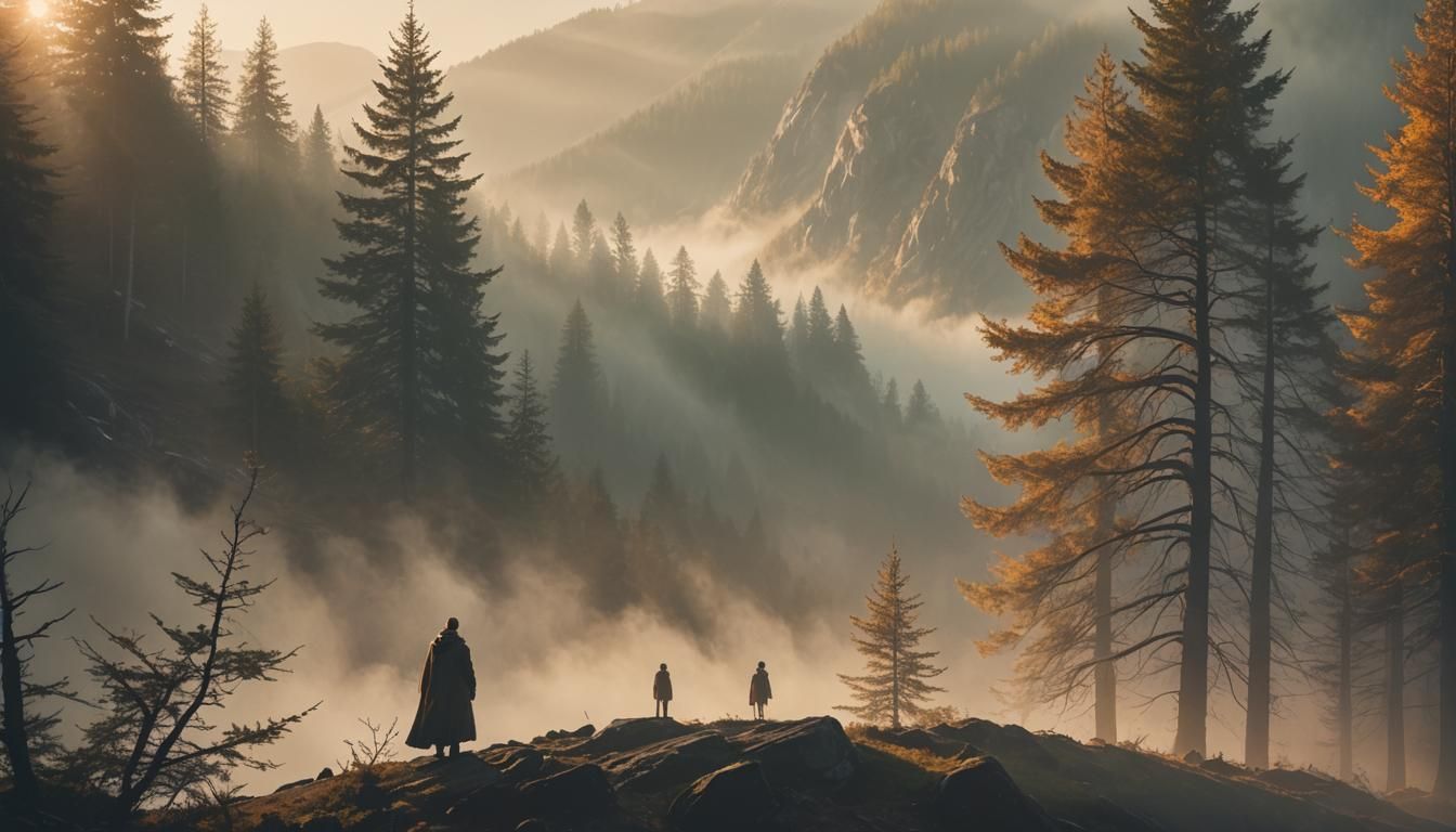 Ethereal Figure in Misty Mountain Fantasy Landscape