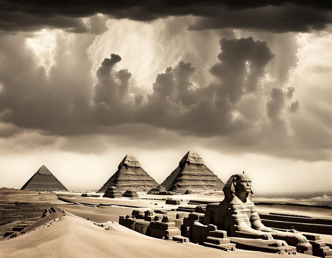 Monsoon Clouds Engulf Giza Pyramids: Vintage Photograph