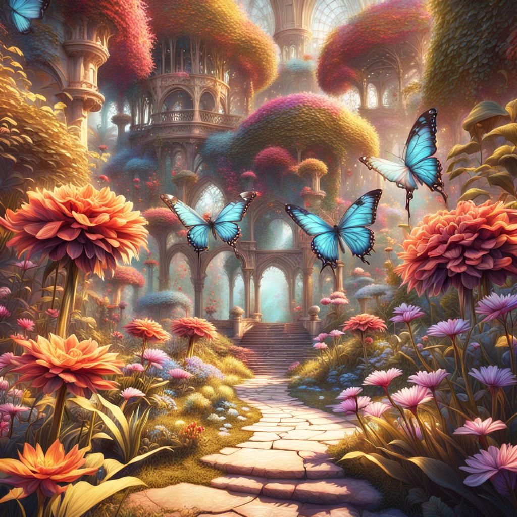 Enchanted Garden: Exotic Flowers and Butterflies in Retrofut...