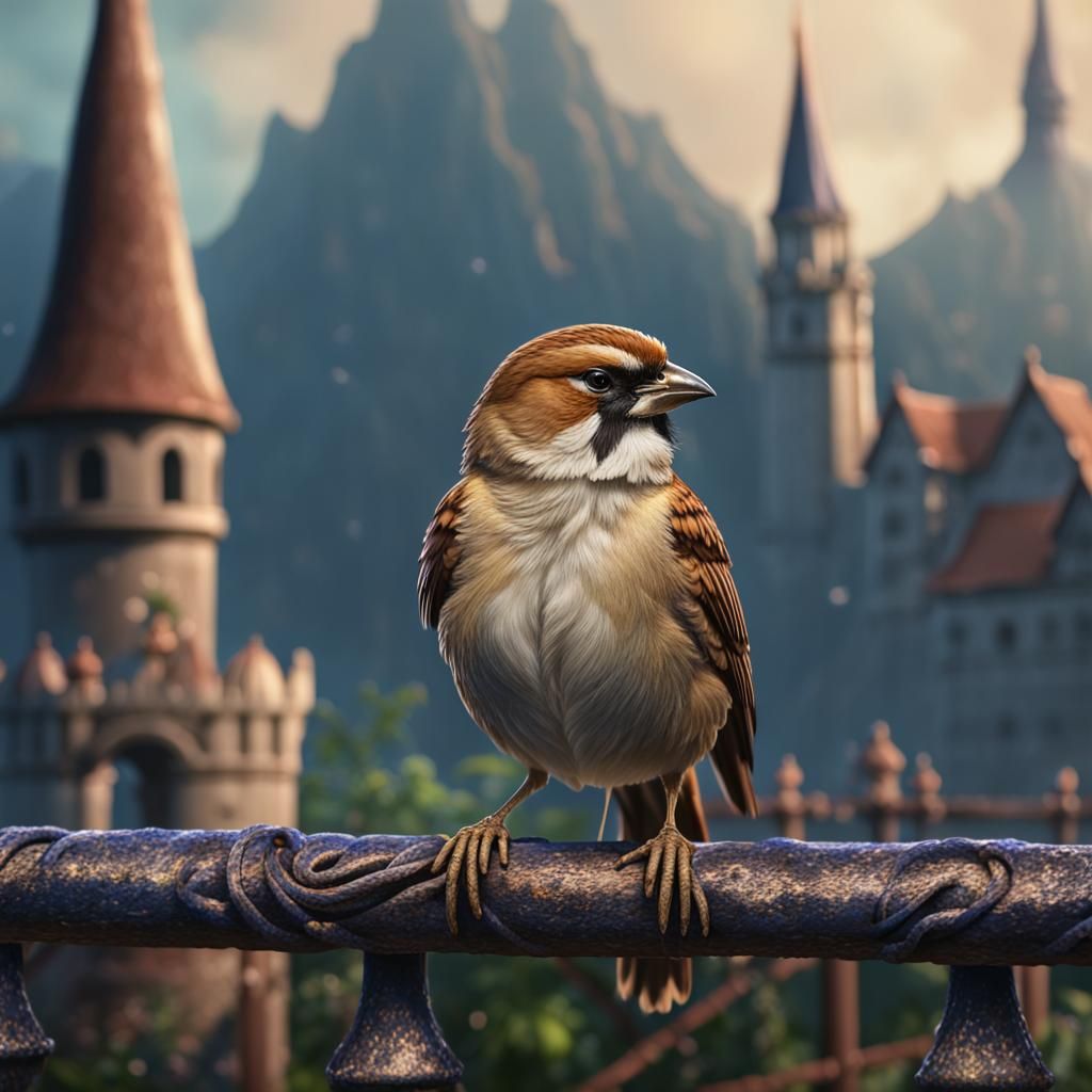 Sparrow on Fence with Fleur-de-Lis: Fantasy Art