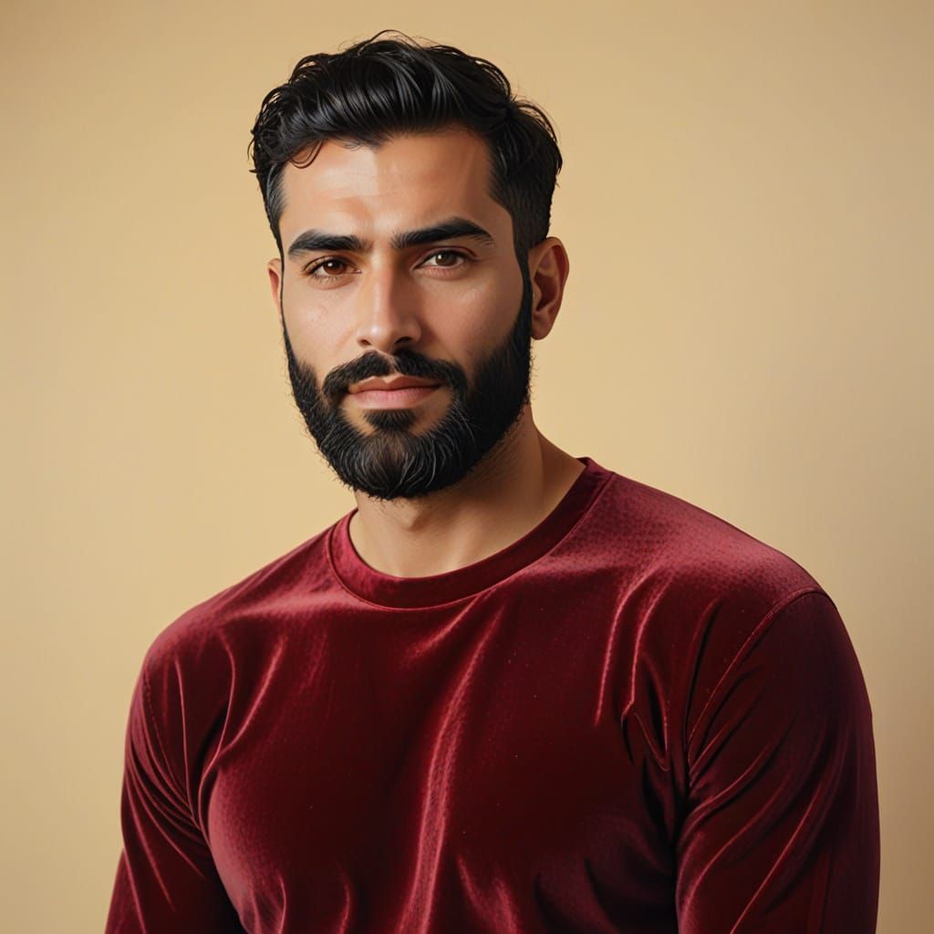 Bearded Man in Red Velvet, Impasto Oil Painting