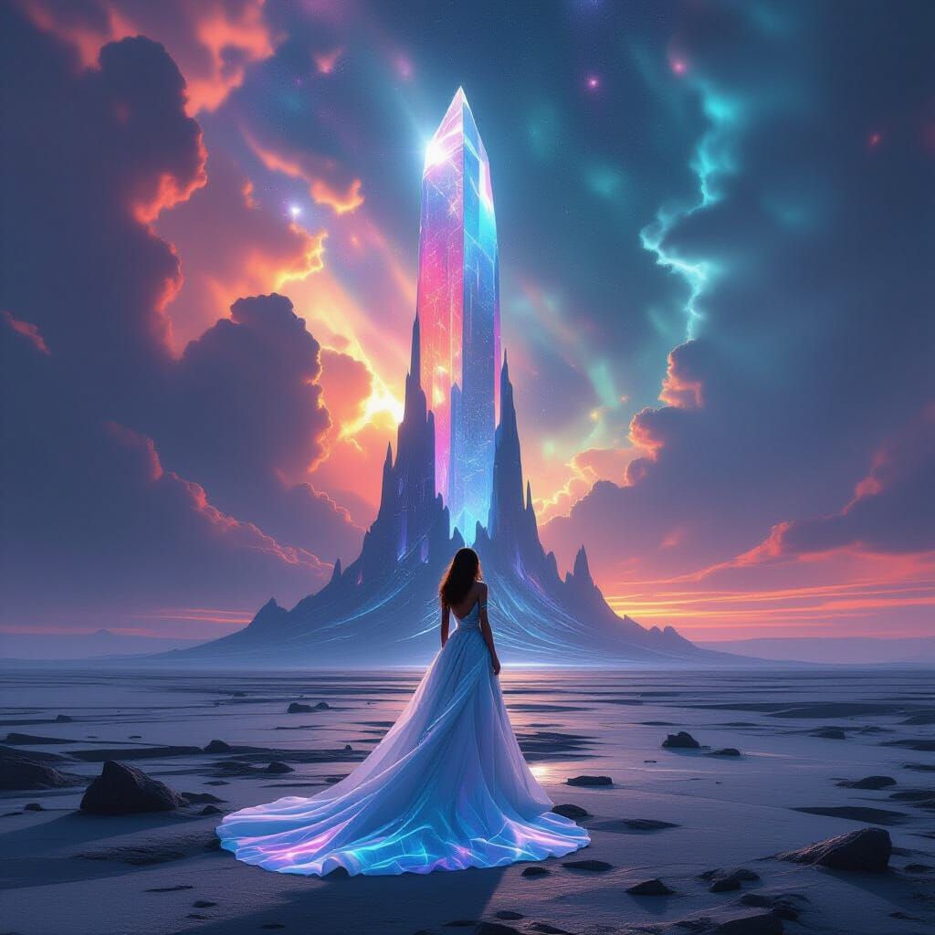 Alien Planet Client Gazes at Crystal Structure in Cosmic Sky