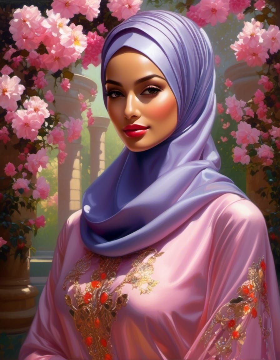 Elegant Hijabi Woman in Sakura Garden, Oil Painting