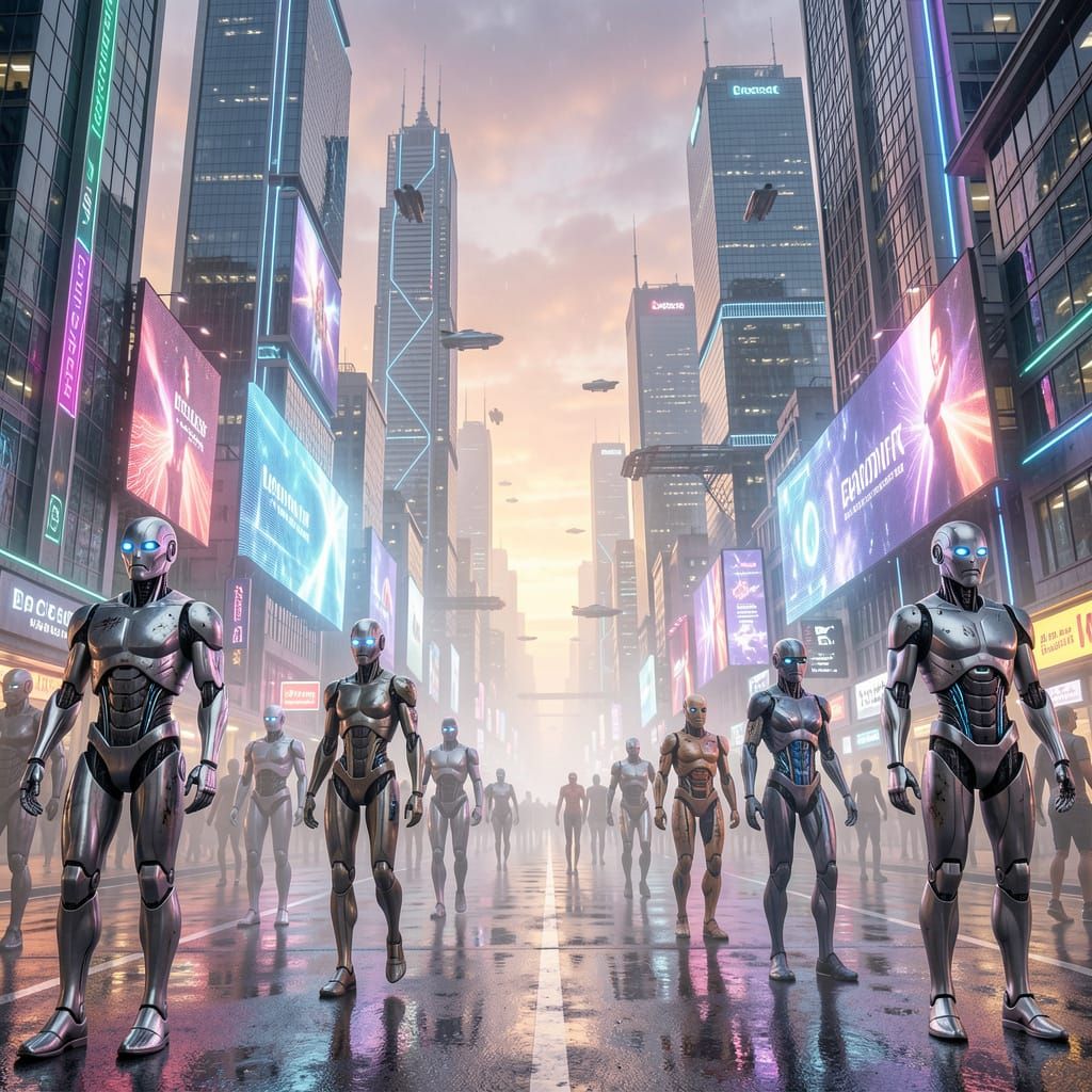 Futuristic Cityscape with Robots and Cyborgs in Cinematic Ph...