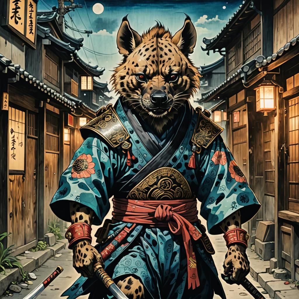 Hyena Samurai in Ukiyo-e Style Alleyway