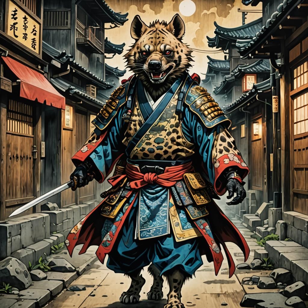 Whimsical Hyena Samurai in Utagawa Kuniyoshi Style