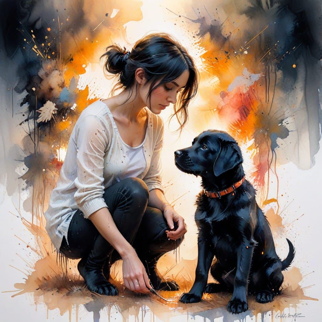 Labrador Puppy at Sunset in Watercolour Style