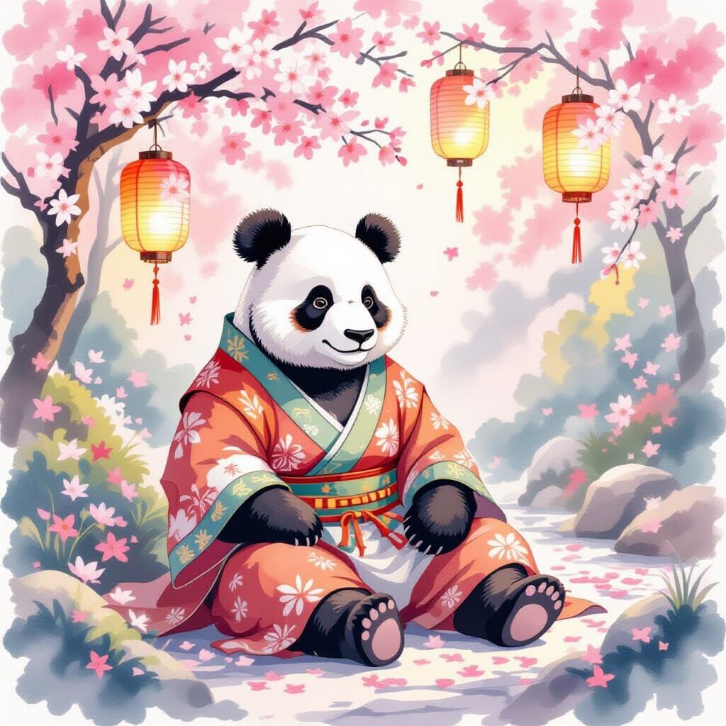 Panda in Silk Robes Amidst Cherry Blossoms