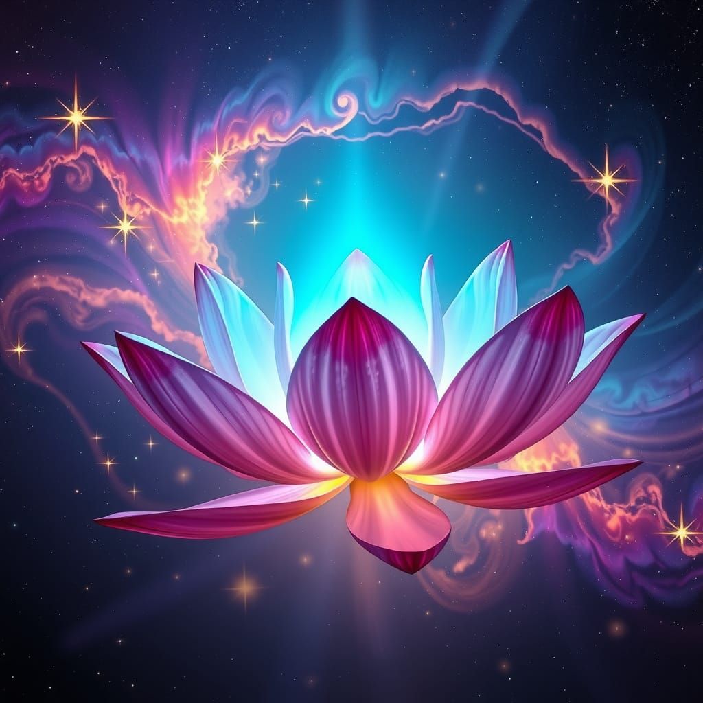 Bioluminescent Lotus in Starry Cosmos, Cosmic Impressionism