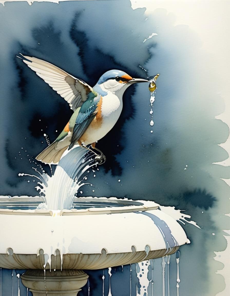 Bird Bathing in Fountain, Watercolor Style