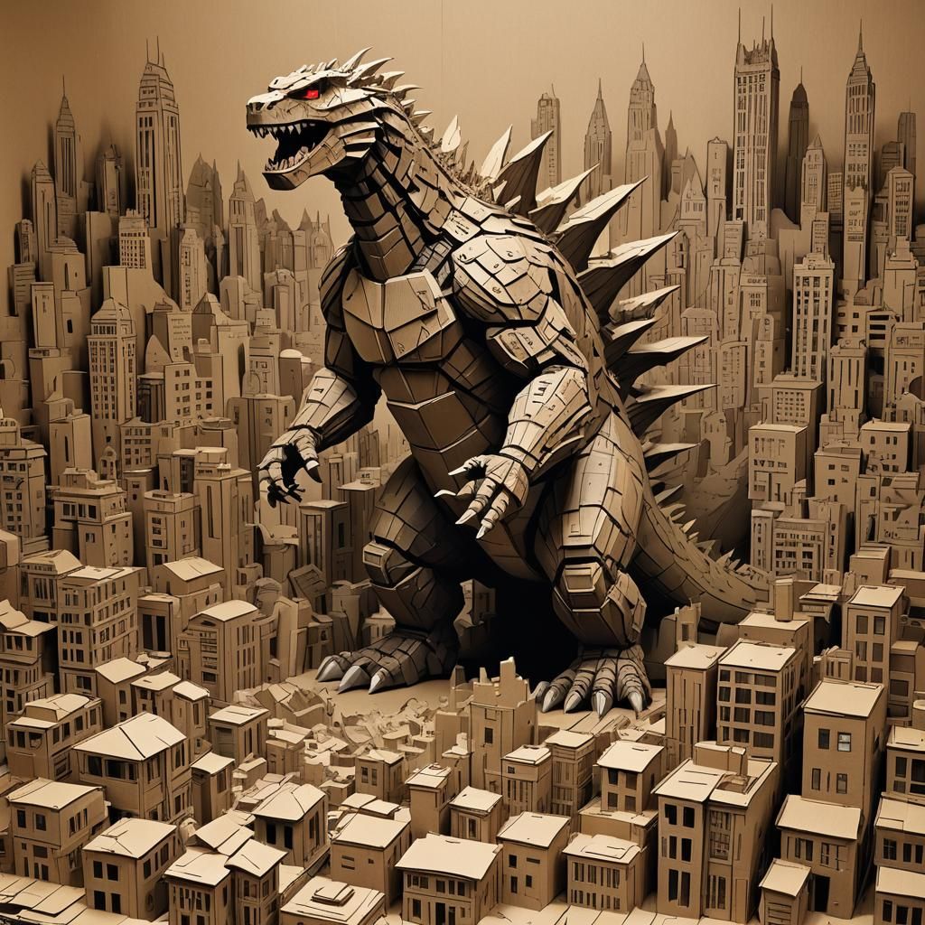 Godzilla made out of cardboard, ravaging a city made out of ...