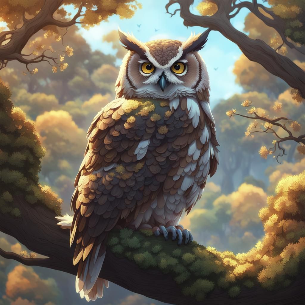 Anime Owl in Oak Tree: 3D Aesthetic Concept Art