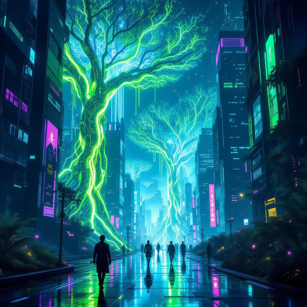 Bioluminescent Cityscape Merging Nature and Technology
