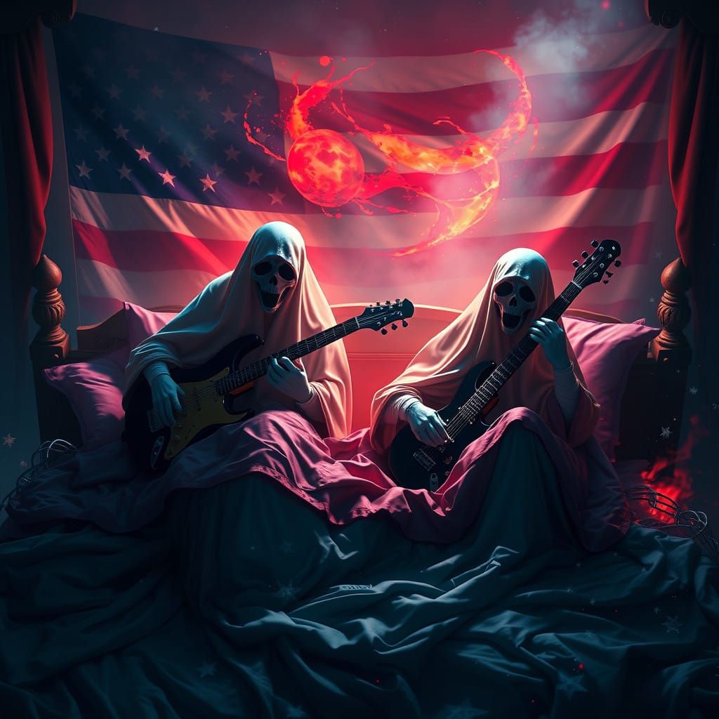 Fantastical Ghost Rockers in a Dreamlike American Flag Scene