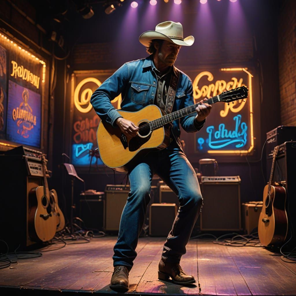A cowboy in worn denim and a faded band t-shirt, strumming a...