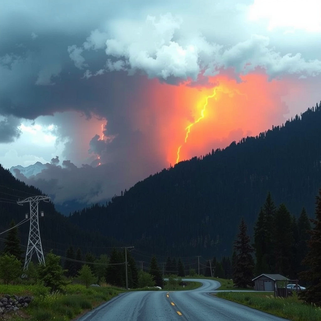 Vortex of Flame and Rain in the Mountainous Wilderness