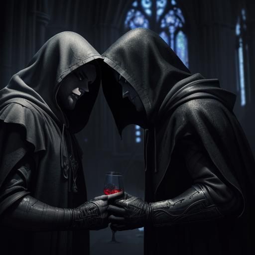 Hooded Figures Share a Drink in Cathedral