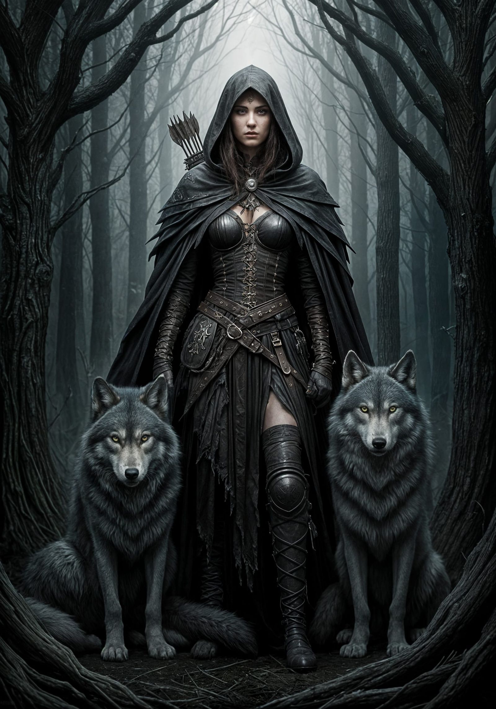 Majestic Dark Gothic Warrior Surrounded by Wolves in a Haunt...