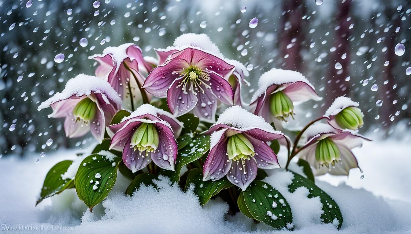 Hellebore Bouquet in Winter Storm, Surrealist Dreamscape