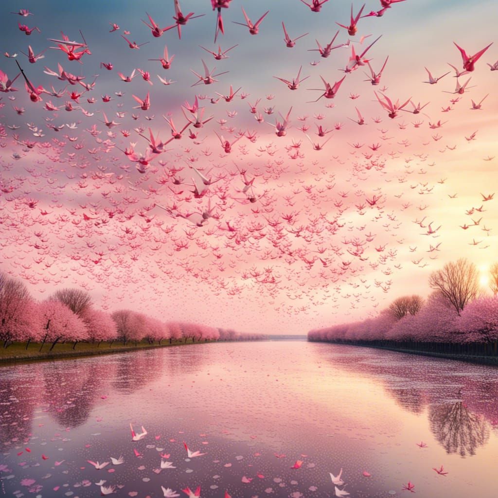 Origami Cranes Fly in Cherry Blossom Sky