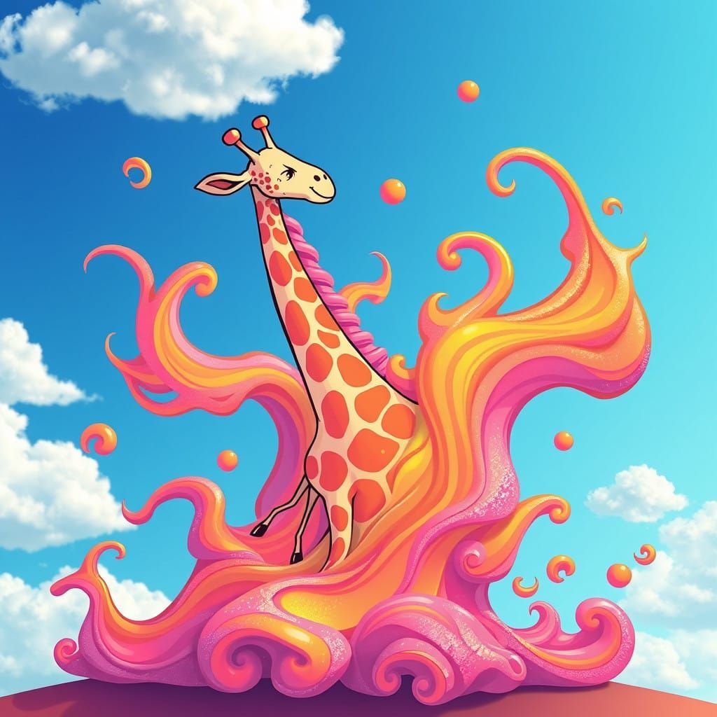 Surreal Giraffe Swims in Pastel Flames Amidst a Bright Blue....