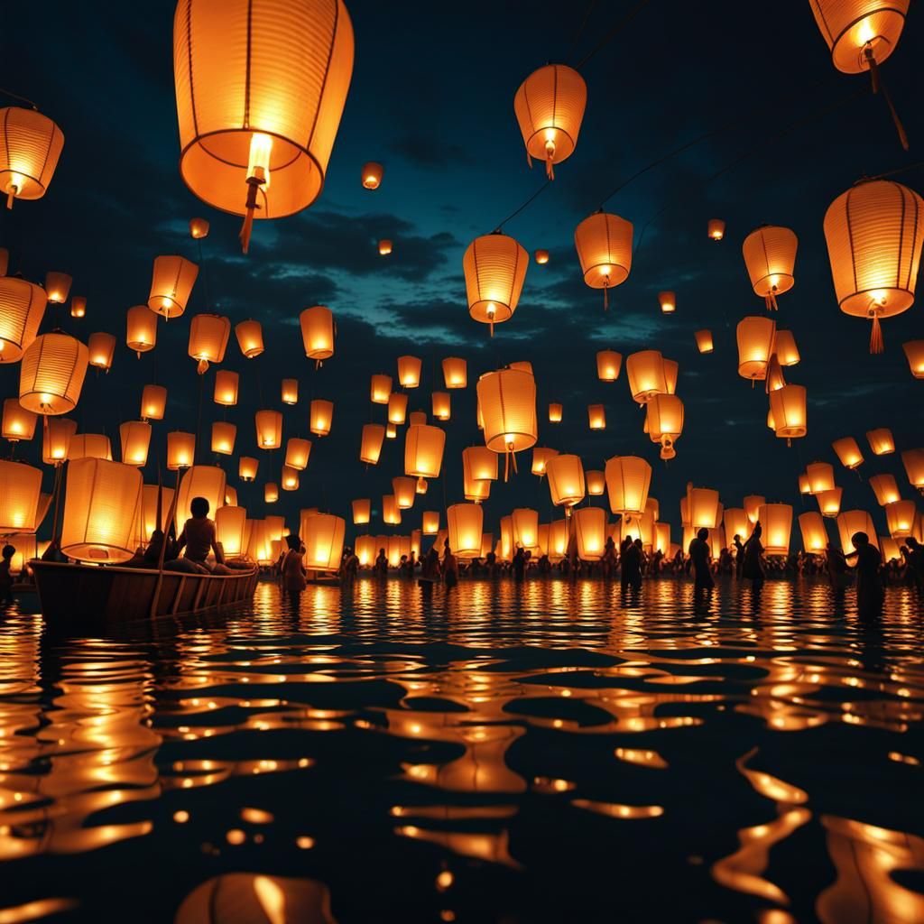 Thailand Lanterns Floating on Sea at Night