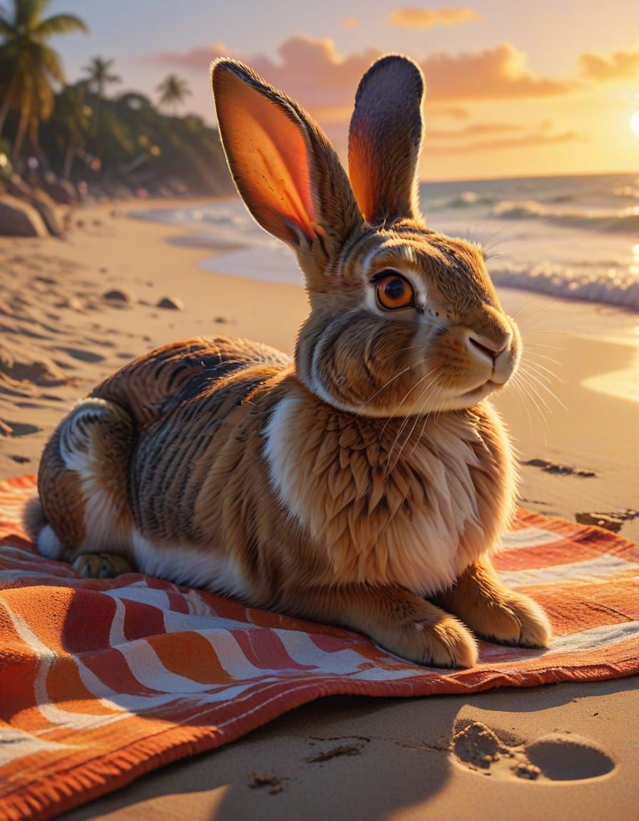 Rabbit Sunbathing: Disney Pixar Gouache-Style Impression