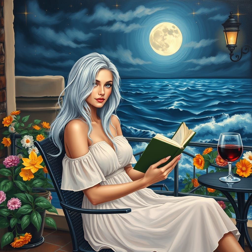 Woman Reading on Balcony with Mediterranean Flowers