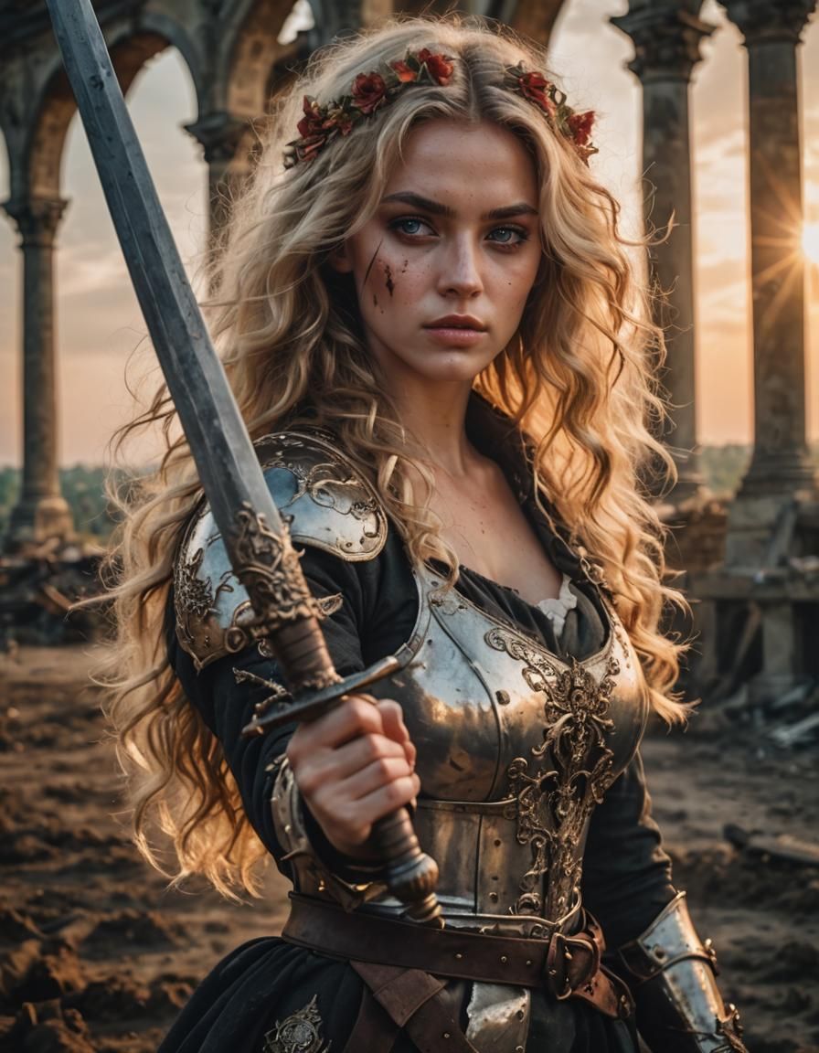 Proud Blonde Warrior in Post-Apocalyptic Sunset