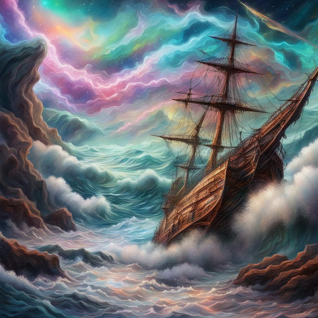 Cosmic Stormy Sea: Holographic Astral Illustration