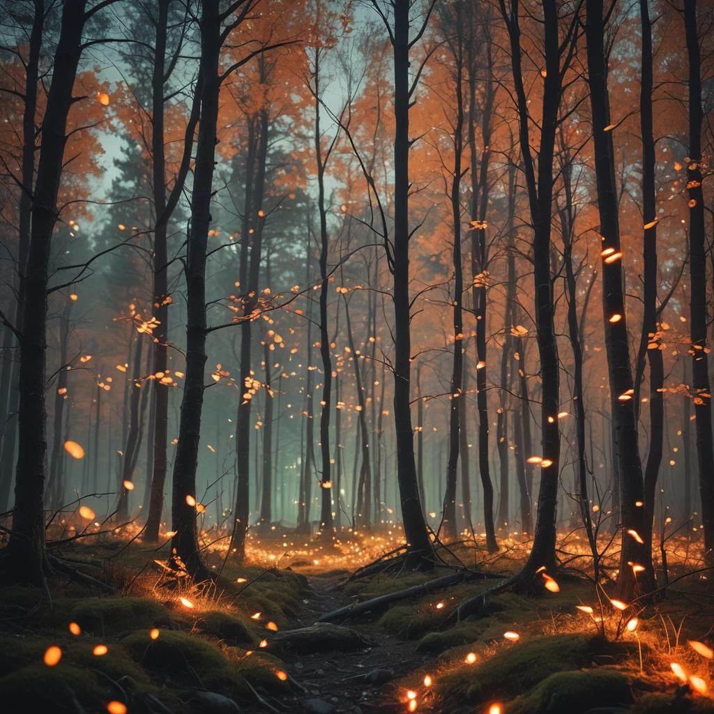 Enchanted Bioluminescent Forest with Northern Lights