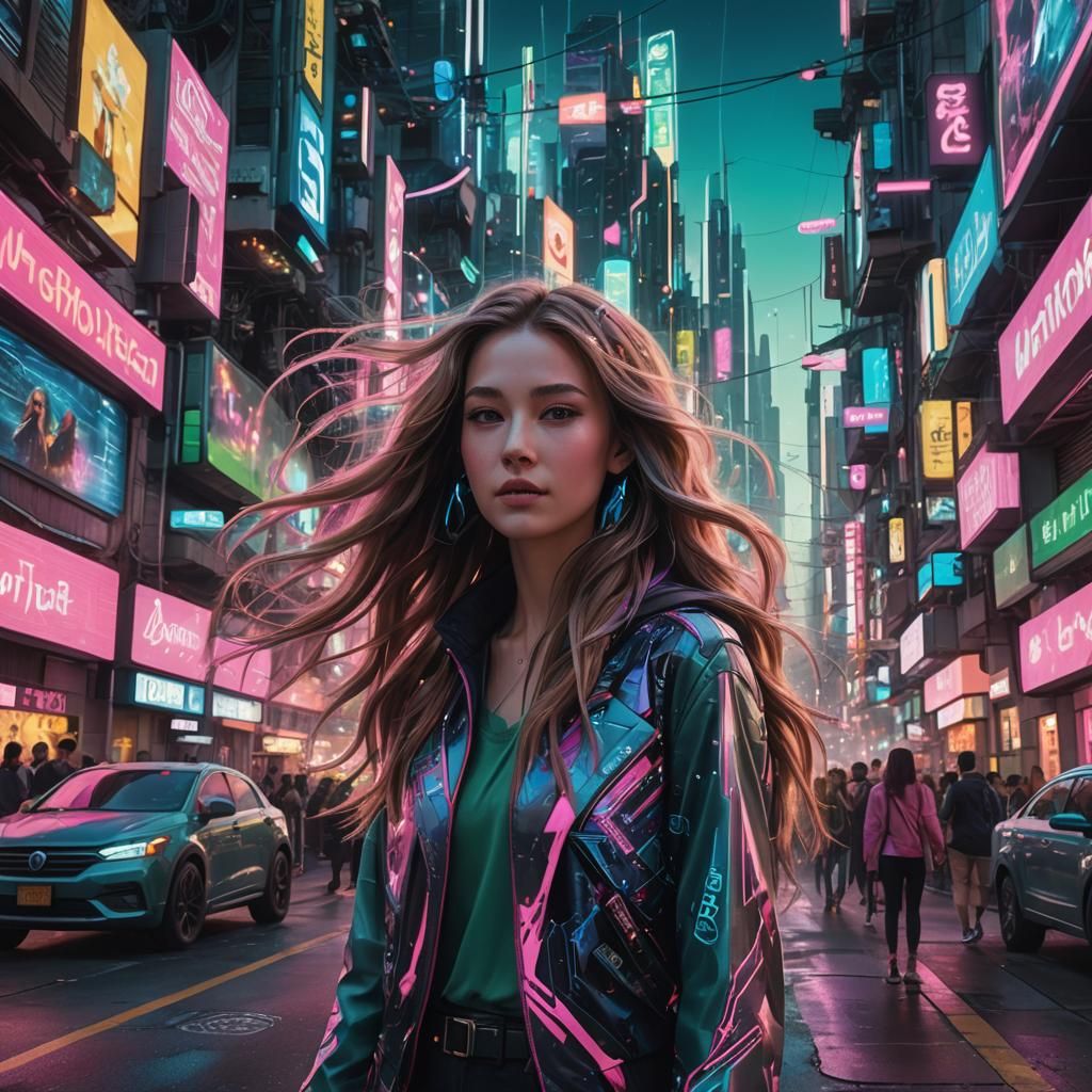 Neon Cityscape: Girl in Futuristic Street, Digital Art