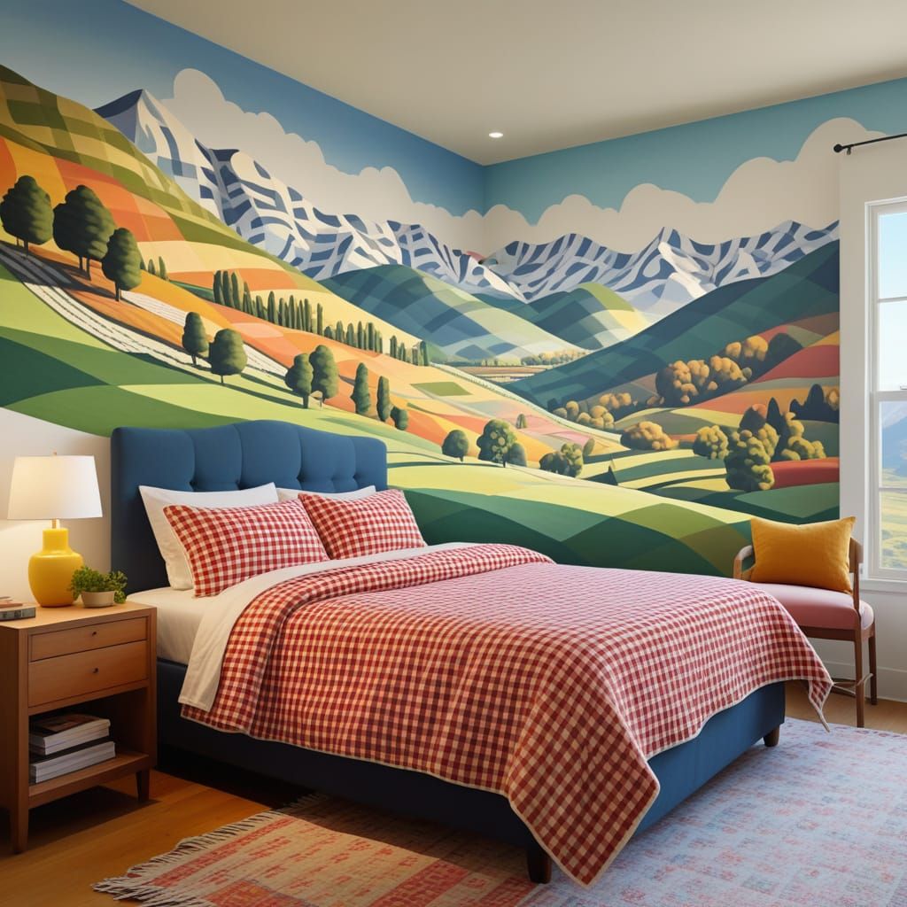 Cozy Bedroom Scene with Whimsical Gingham Landscape