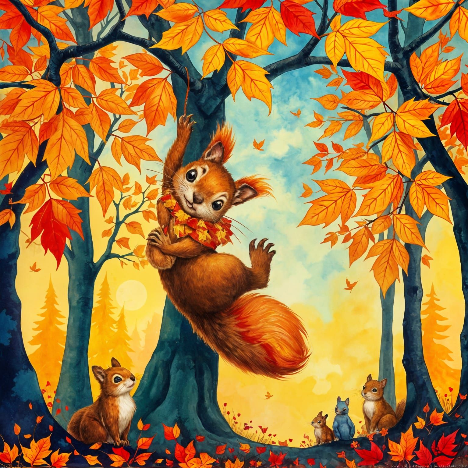 Squirrel in Autumn Forest, Fauvism Watercolor