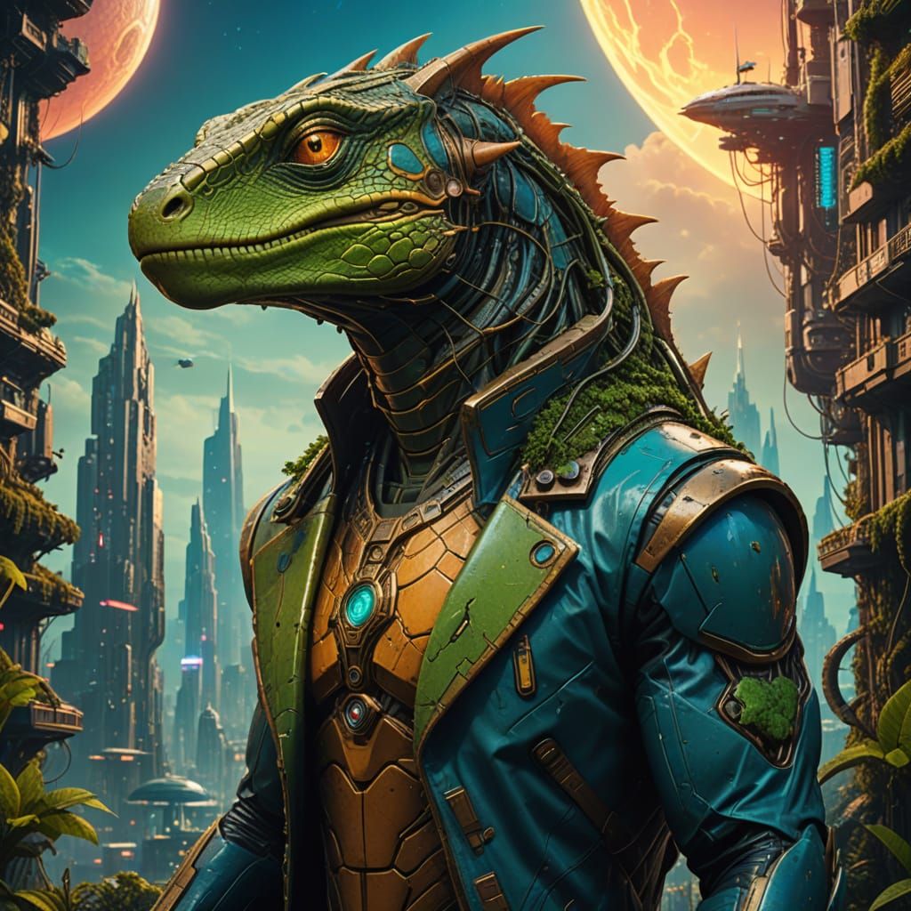 Reptilian Gods in a Futuristic Cityscape