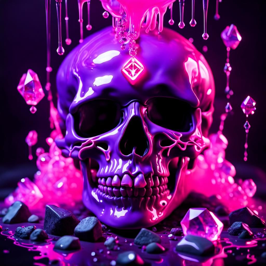 Neon Skull with Crystals and Glowing Runes